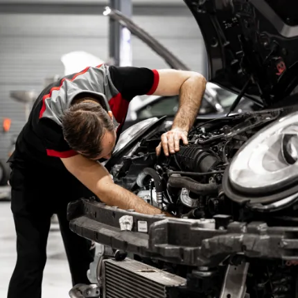 A clutch repair taking place on a European vehicle