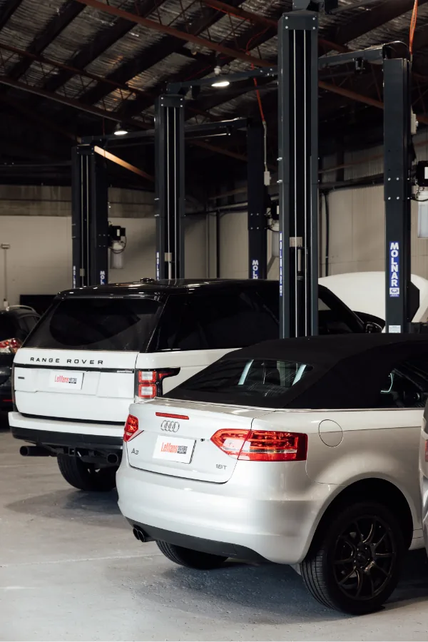 European luxury vehicles on hydraulic lifts in Bosch Service Brisbane workshop
