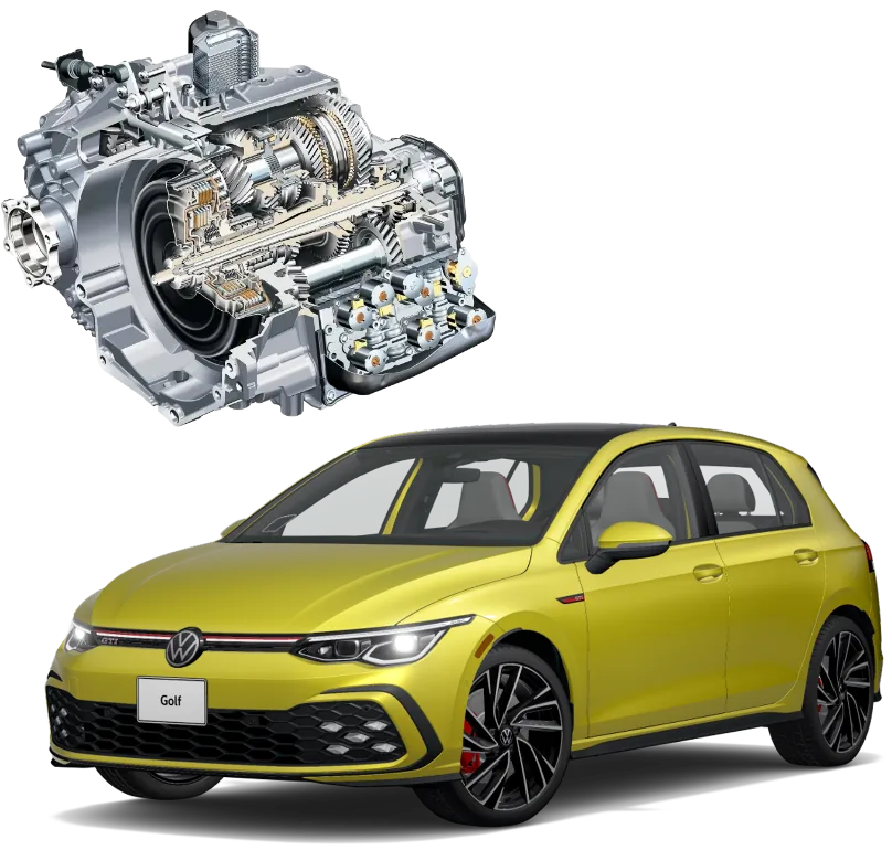 Volkswagen Golf with DSG transmission cutaway showing internal gears and components